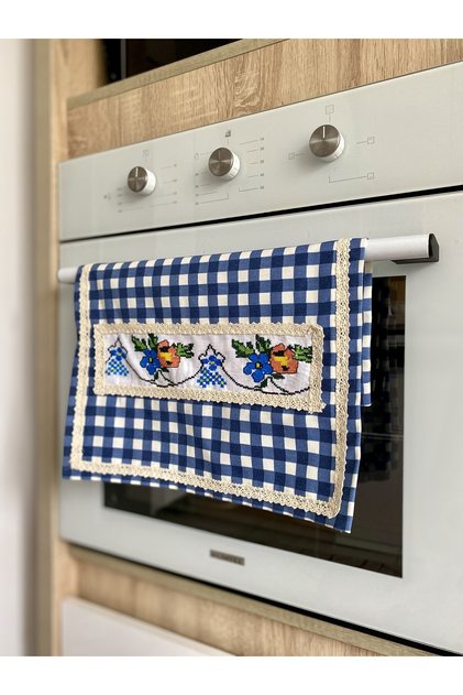 Blue Gingham Cross-Stitch Patterned Stove Cover