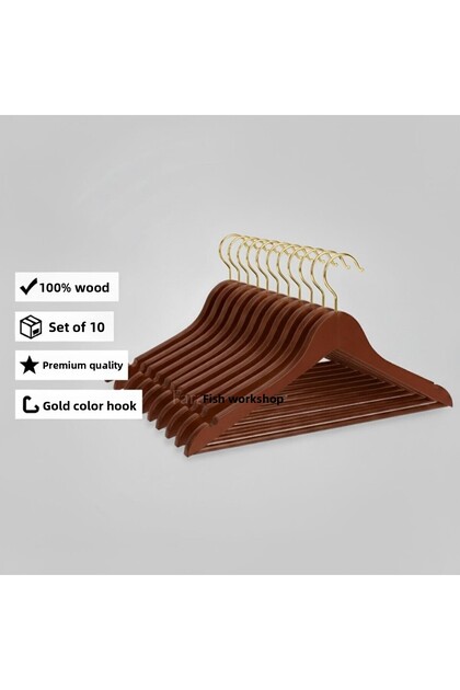 Walnut Wooden Clothes Hanger Varnished Shirt Clothes Hanger with Trouser Bar Gold Hook 10 Pieces