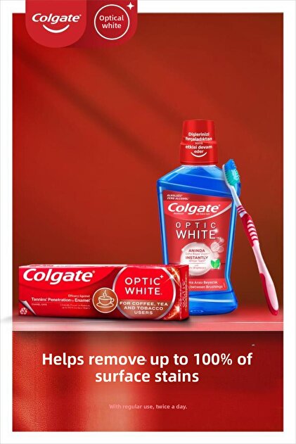 colgate optic white tea coffee and tobacco users toothpaste / Coffee,Tea / 50 ml (1.69 oz) The toothpaste comes in a 4.1 oz size and has a mint flavor with active ingredients of hydrogen peroxide 3.5% and stannous fluoride 0.04%. Colgate Optic White Toothpaste For