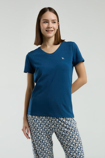 Women's Crew Neck Pigment Printed Summer Regular Fit Navy Blue Capri Set Ar3213-S-V1