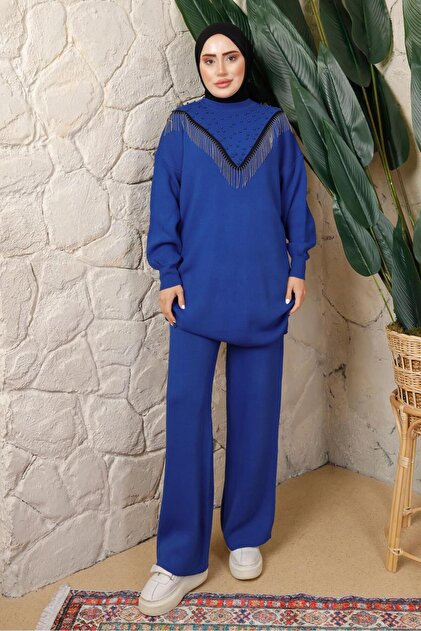 KADIN LACİVERT (SAKS) ZİNCİR DETAYLI PANTOLONLU TRİKO TAKIM T 0408