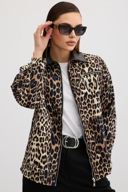 Women's Leopard Print Collar Leather Detailed Jacket