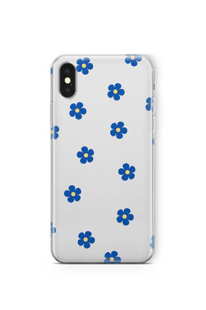 iPhone XS Max Compatible Blue Flower Pattern Transparent Phone Case