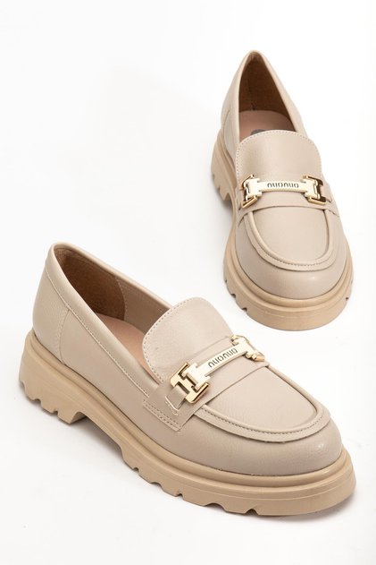 Beige Women's Loafer Casual Shoes Faux Leather with Stone Buckle