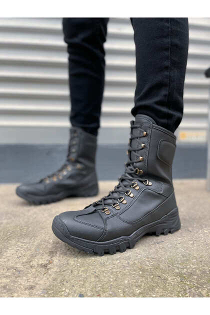 Jy999 Strike Lace-Up Orthopedic Sole Casual Leather Men's Military Boots Cst Black