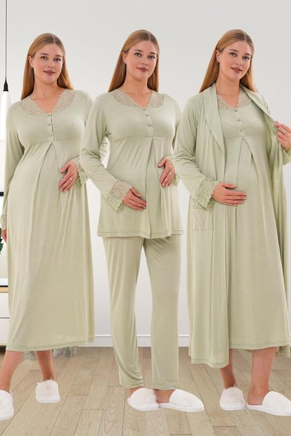 Mecit 6332 Green Dressing Gown Nightgown Pajamas Maternity Set