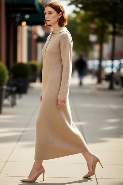 Women's Shirt Collar Buttoned A-Line Long Sleeve Plain Thessaloniki Knitwear Maxi Dress Winter Season Elegance
