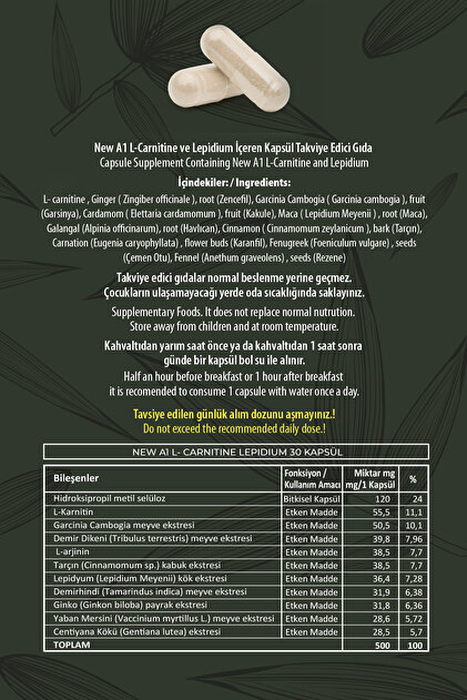 Hhs NEW A1 L-Carntine Lepdium 30 Kapsül (Şişe)