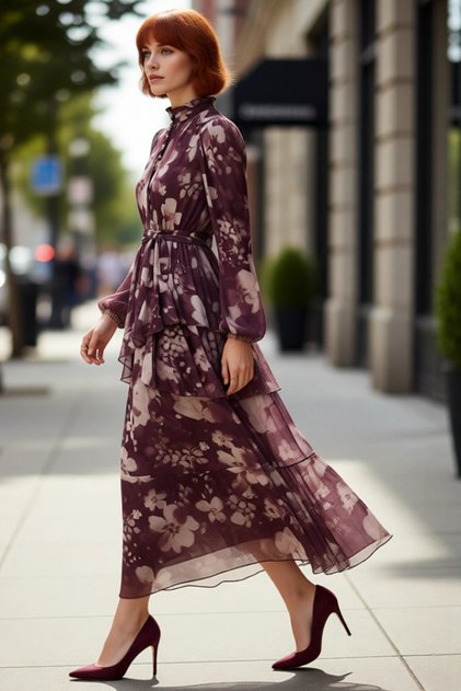 Women's Hijab Chiffon Woven Floral Patterned Mock Neck Lined Balloon Sleeve Maxi Dress for All Seasons