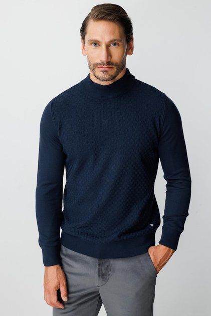 Navy Blue Standard Fit Slim Fit Half Fisherman Straight Long Sleeve Knitwear