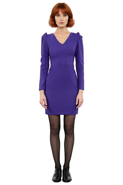 PayBuy Women's Purple Woven Bodycon Balloon Sleeve Long Sleeve V-Neck Short  Office Dress Winter Collection Elegance- Trendyol