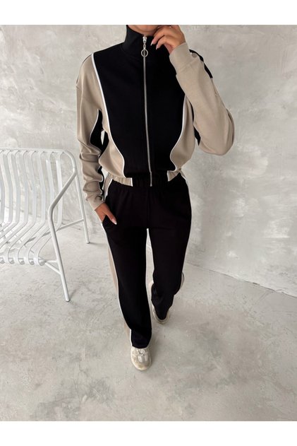 Women's Trendy Tracksuit Set with Stand-Up Collar, Zipper, Loose Legs and Side Trimming