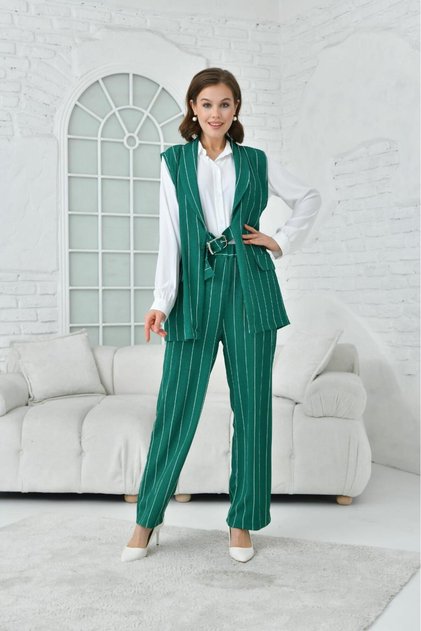 Set damă 3 piese din crep, cu dungi, vestă, cămașă și pantaloni, stilat