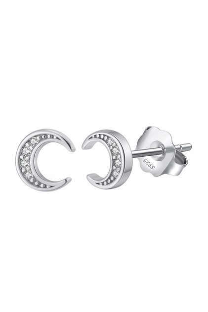 Cercei Argint 925 Semilună Mică cu Zirconiu Alb Tip Stud Placați Rodiu JW1778