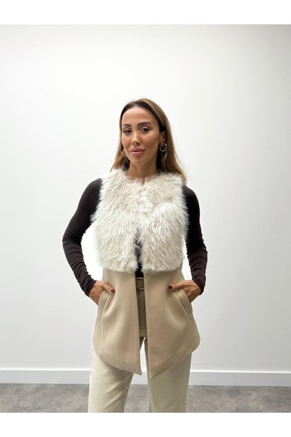 Women's Fur Detailed Cashmere Cream Vest