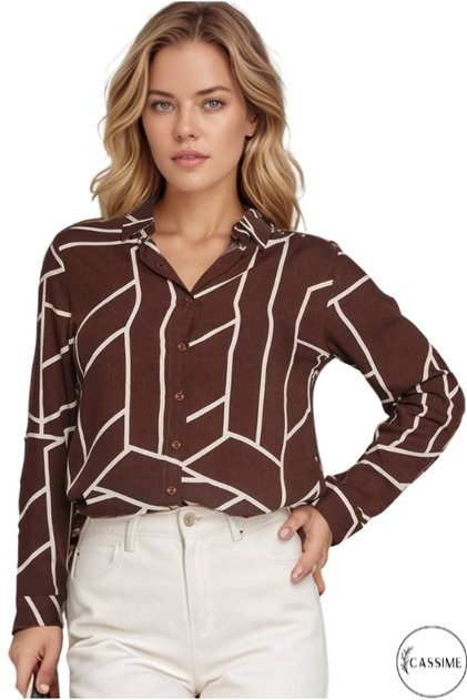 Women's Brown Geometric Striped Viscose Long Sleeve Plus Size Shirt