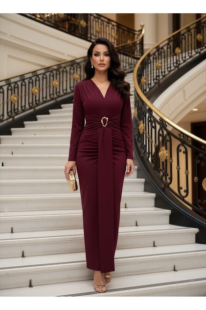 Rochie maxi cu design special, căptușită, cu cataramă din țesătură crep importată și detaliu șal
