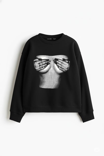 Silhouette Boobs V2 Printed Hoodless Relaxed Fit Women's Black Sweatshirt