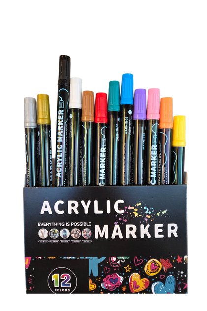 Water Based Double Tip Acrylic Paint Pen (Marker) Set 12 Colors (Wood, Glass, Stone, Canvas Etc.)