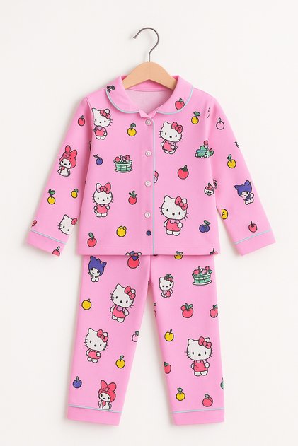 Girl's Hello Kitty Patterned Cotton Pajama Set - Ages 5-13