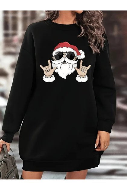 New Year Santa Printed Black Fleece Sweatshirt Dress