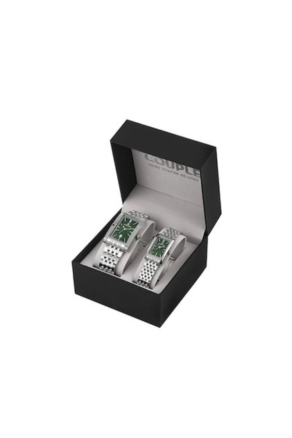 Set de ceasuri pentru cuplu DK.1.14011.4 – carcasă argintie dreptunghiulară, cadran verde, oțel inoxidabil