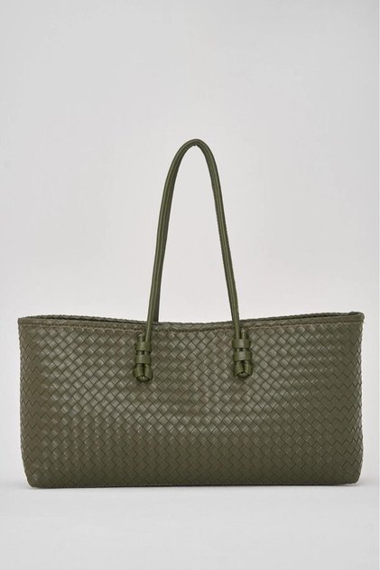 Women's Long Tote Bag Green Braided