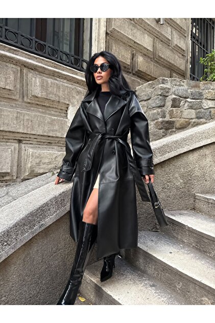 LB Laluna Butik Women's Long Leather Trench Coat- Trendyol LB Laluna Butik Women's Long Leather Trench Coat- Trendyol
