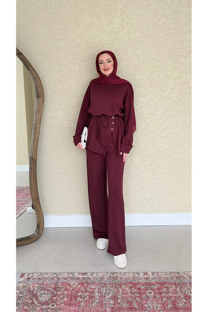 Women's Button Detailed Portable Belted Double Suit M5002 - Burgundy