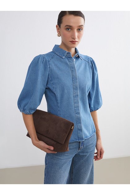 Vizyon New Season Balloon Sleeve Women's Jean Shirt