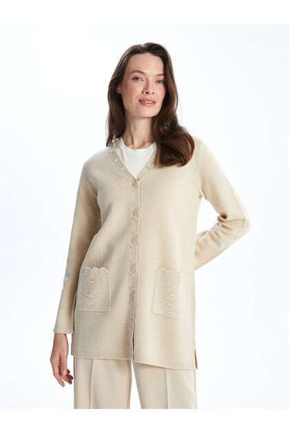 Lcw Grace Beige V-Neck Women's Knitwear Cardigan