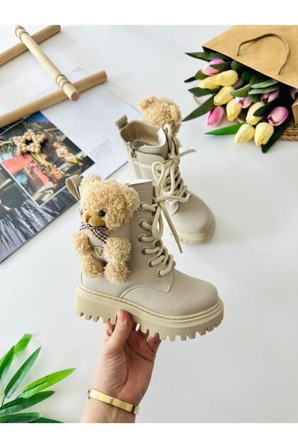 My Little One's Premium Girls' Boots with Plush Teddy Bear Detail - Beige