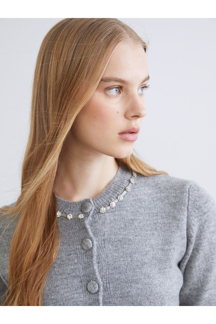 Özmarka New Season Crew Neck Stone Embellished Women's Knitwear Cardigan