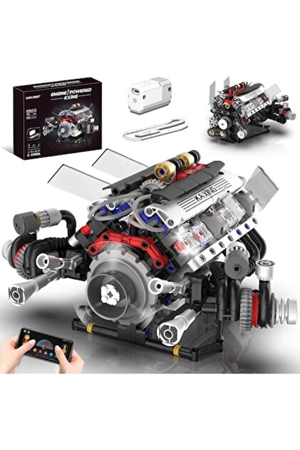 Set de construcție cu motor V8 - 662 de piese cu motor electric, LED și control prin aplicație STEM