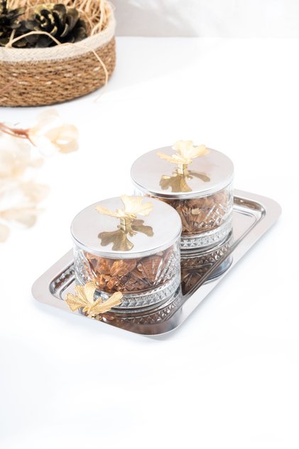 Glass Presentation Set with 2 Silver Metal Trays and Gold Butterfly Lid – Breakfast, Snack and Jam Bowl