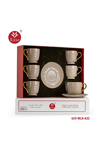 12-piece porcelain milk tea cup set with a distinctive classic pattern, Rose 626