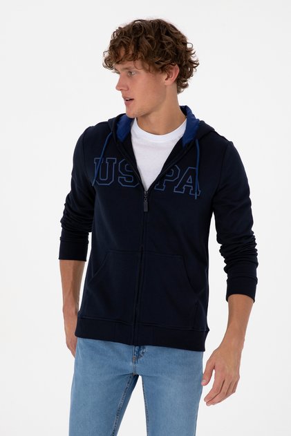 Men's Regular Fit Zippered Hooded Navy Blue Knitted Cardigan 50313719-Vr033