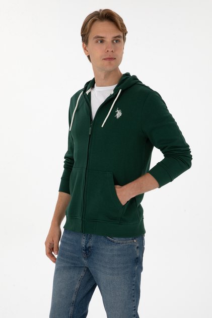 Cardigan tricotat verde închis cu glugă și fermoar, croială normală pentru bărbați 50313748-VR079