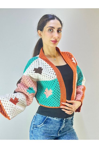 Cardigan pentru femei, tricotat manual, cu motiv de inimă