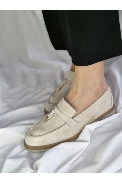 Stylish and Comfortable Genuine Leather Women's Shoes – Light Beige Suede Design