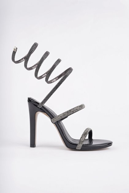 Women's Evening Dress Heeled Sandals Stone Detailed Ankle-Wrap Shiny Thin Heel 11 cm Elegant Stylish Design