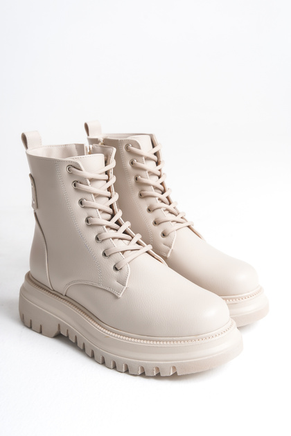Meliveva Beige Women's Rustic Zippered Staple Detailed Casual Boots