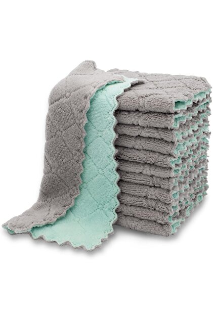 Set de 10 lavete din microfibră, Zola, uscare rapidă, 25x25 cm, gri/verde