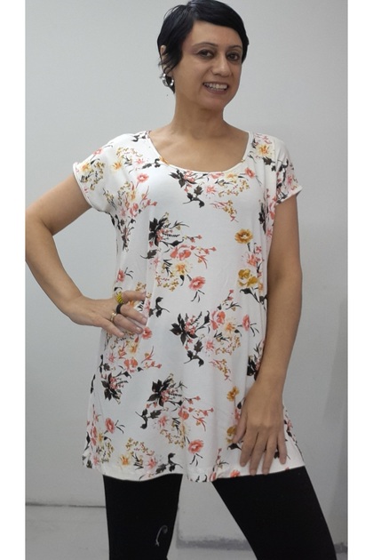 Cream Floral Print Size Fits All Low Sleeve Combed Viscose T-Shirt