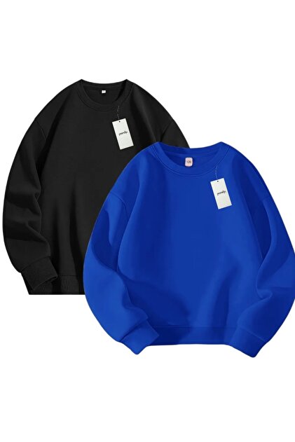 2'li Şardonlu Bisiklet Yaka Oversize Unisex Sweatshirt