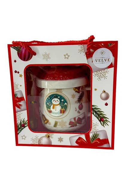 Set cana ceramica, farfurie si lingurita, Snowman, ambalata in cutie cu fereastra, 200ml