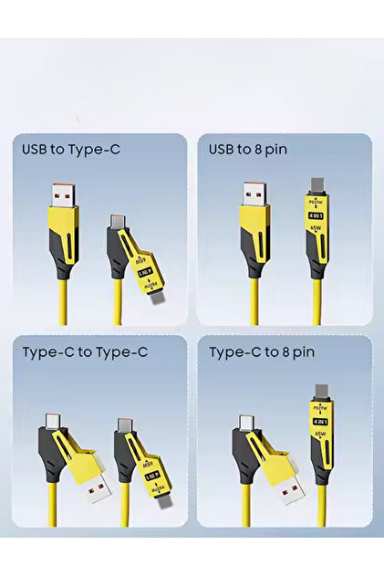 yumax 65W 4in1 Çoklu Şarj Kablosu Type-C Lightning - Mikro USB