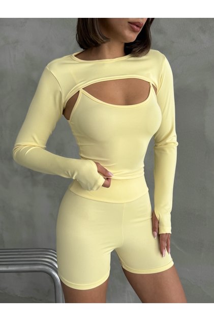 Kadın Daffodil Sarı Parmak Detaylı Fit Gym Bolero Crop