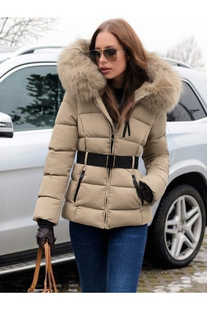 Jachetă pufoasă de iarnă pentru femei cu curea și glugă din blană artificială – Palton elegant Jachetă pufoasă de iarnă pentru femei