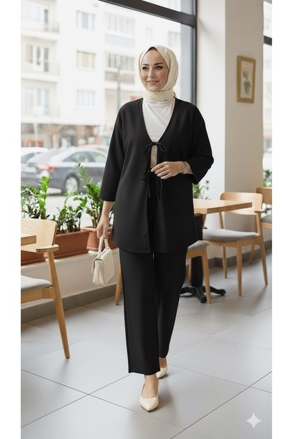 Black Hijab Two-Piece Set with Tie-Front Kimono Jacket and Wide-Leg Pants, Casual Chic, New Season